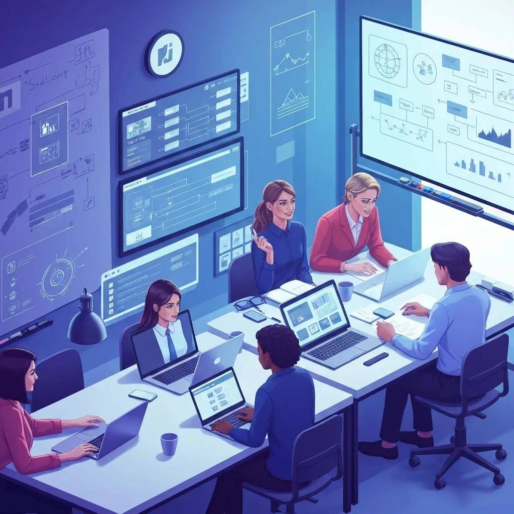 Diverse professionals collaborating in a modern office on AI-driven content management solutions