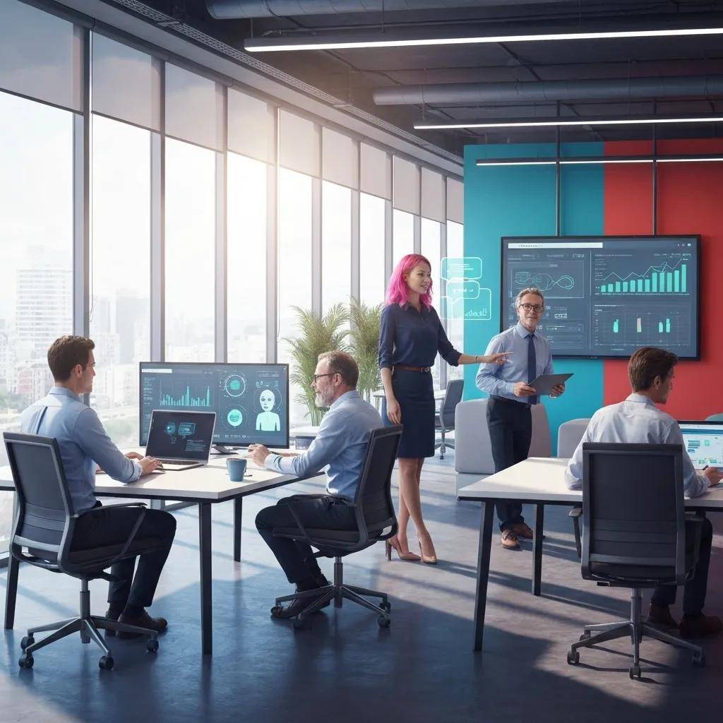 Modern office scene showcasing professionals engaging with AI lead capture technology
