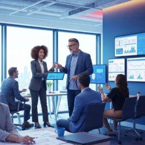 Modern office with professionals engaging with AI technology for lead capture