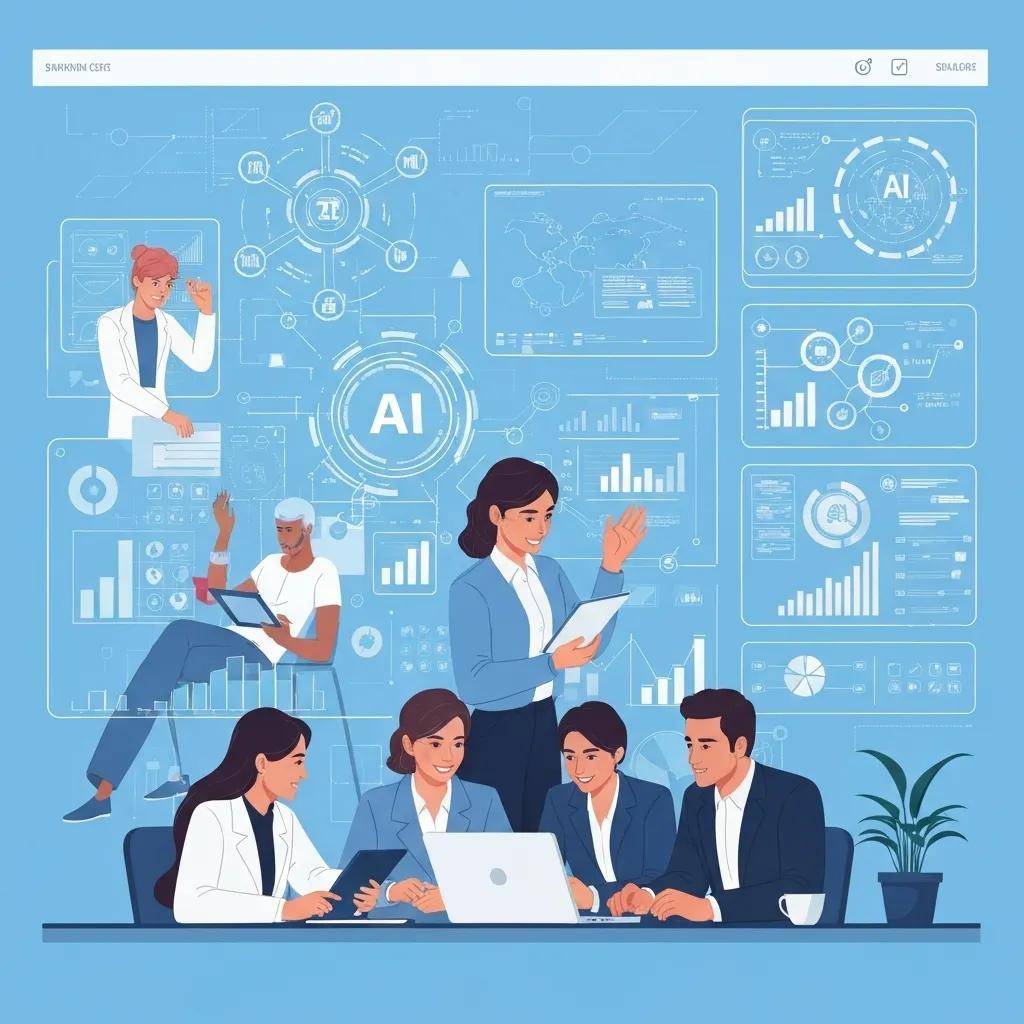 Professionals collaborating in a modern workspace, utilizing AI for business growth